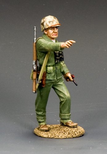 WWII USMC Lt. Col. Chesty Puller toy soldier pointing ahead with pipe in hand and M1 Carbine slung over shoulder. 1/30 scale.