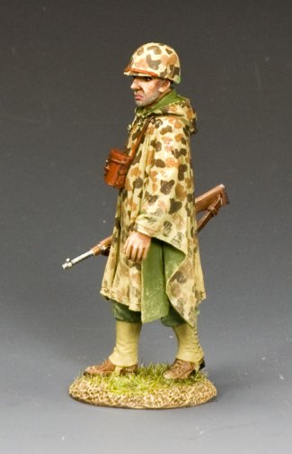 WWII U.S. Marine officer toy soldier  in camo poncho holding pistol. 1/30 scale matte figure from Pacific Theater collection.