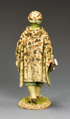 WWII U.S. Marine officer military miniature in camo poncho holding pistol.