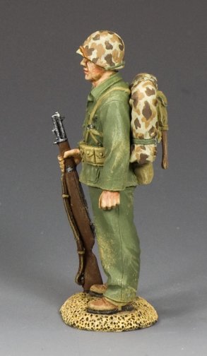 Stand At Ease Marine. 1/30 scale WWII U.S. Marine standing at ease with M1 Garand and full gear, awaiting orders. Matte finish. Military miniature.