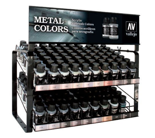 Vallejo model paint display rack with paint products.