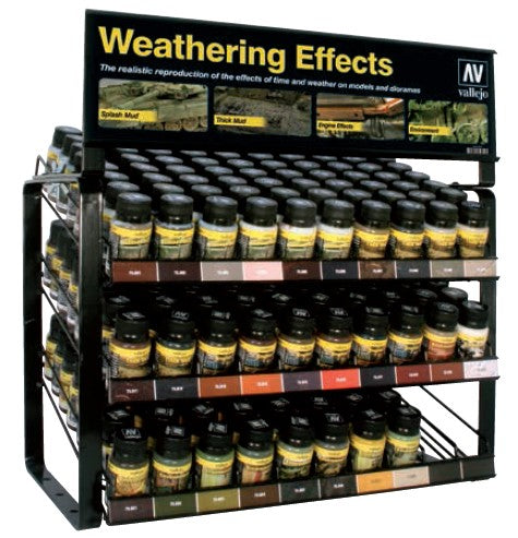 Vallejo model paint display rack with paint products.