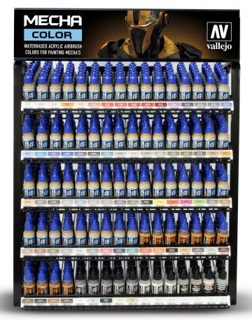 Vallejo model paint display rack with paint products.