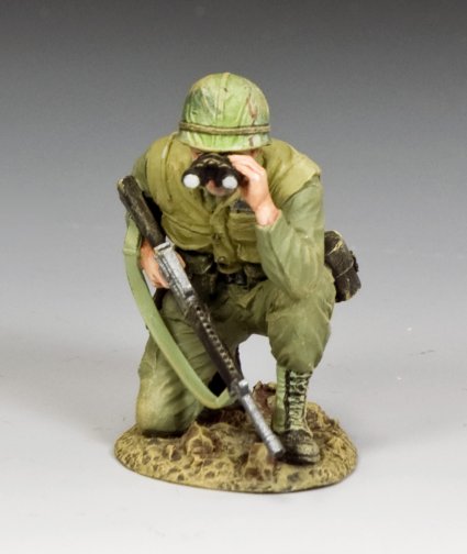 Model of a toy soldier in green uniform with a rifle and bios on a gray background