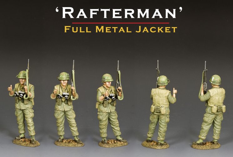 Five toy soldiers in military uniforms with rifles, set against a dark background with 'Rafterman' branding.