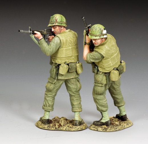 Cautiously Advancing. Two U.S. Marines cautiously advance with M16s raised, scanning for danger. 1/30 scale Vietnam War toy soldiers, matte finish.