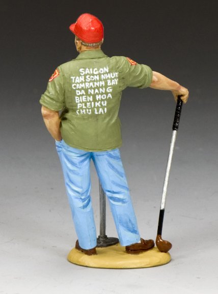 Figurine of a man in military uniform holding a golf club on a gray background