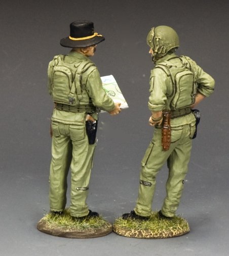 Vietnam War AirCav pilot with Stetson reviews flight map with copilot in helmet and armor. 1/30 scale matte military miniature set.