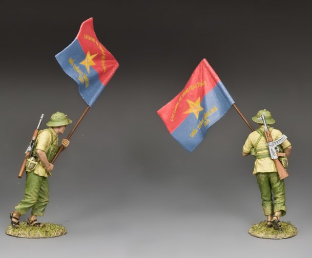 NVA Flagbearer. Two toy soldiers holding flags against a gray background