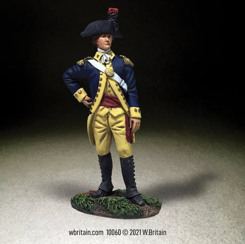 Collectible toy soldier miniature Alexander Hamilton. He is wearing blue uniform and yellow paints.