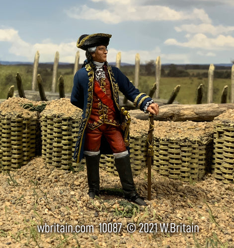 Collectible toy soldier General Rochambeu stand in a fort and a field in the background.