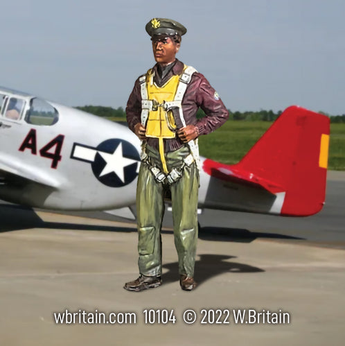 Toy soldier army men USAAF Tuskegee Airman. Near his plane.