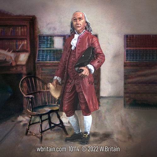 Collectible toy soldier Benjamin Franklin in a library.