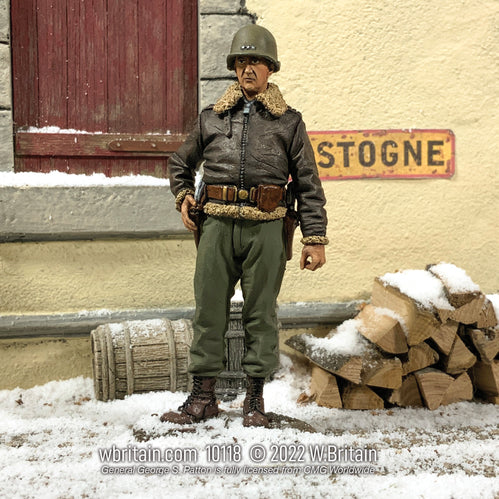 Toy soldier army men U.S. General George Patton Winter, 1944-45. He is standing in the snow.