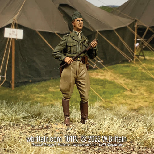 Toy soldier army men General George S. Patton 1943-45. He is by a tent.