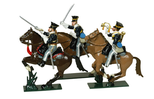 Collectible toy soldier miniatures "17th Lancers". Three piece set men on horse back.