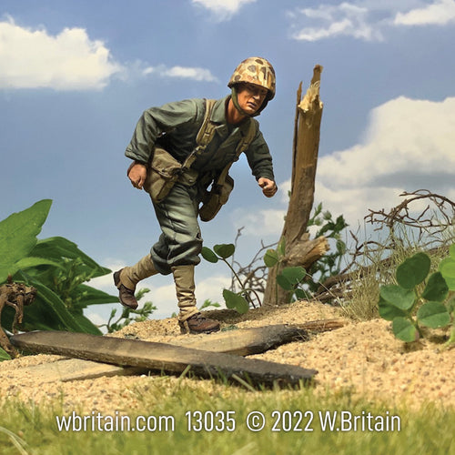 Toy soldier army men U.S.N. Corpsman 1944-45. He is on the beach.