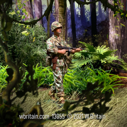 Toy soldier army men U.S. Marine Raider 1943-44. He is in the jungle.