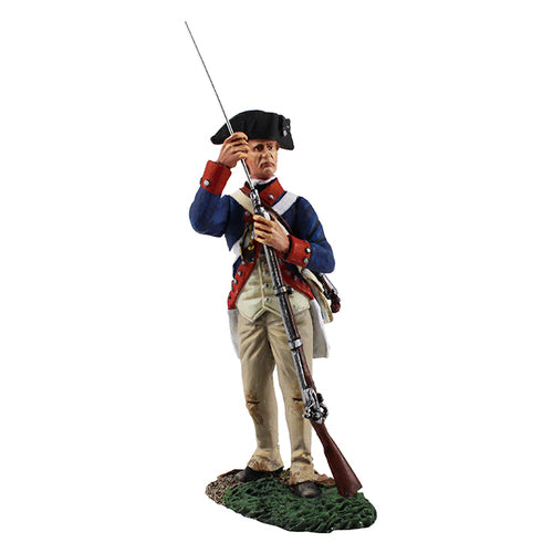 Collectible toy soldier miniature Continental line 1st American Regiment Standing Ramming. Soldier is in uniform loading musket.