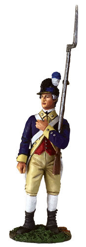 Collectible toy soldier miniature Washington's bodyguard. He is in uniform with musket and bayonet.