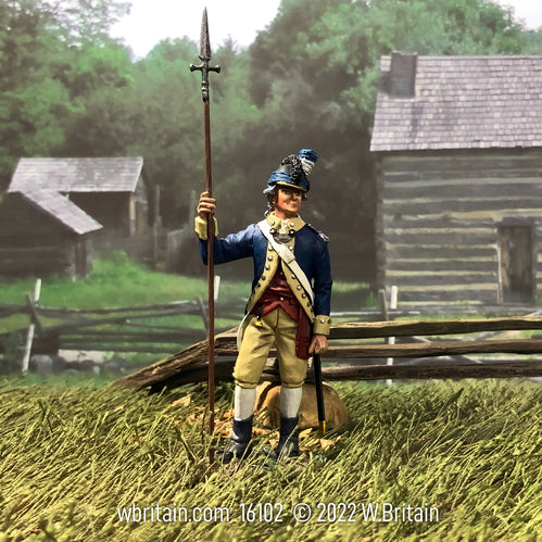Collectible toy soldier miniature Washington's body guard with spontoon. He is in a field.