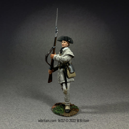 Collectible toy soldier Continental Line Hunting Shirt Standing alert with musket and bayonet.