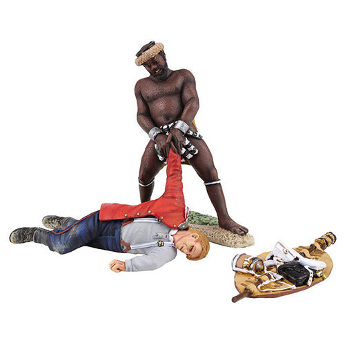 Collectible toy soldier miniature To the Victor Goes the Spoils. Zulu warrior removing red jacket from fallen.