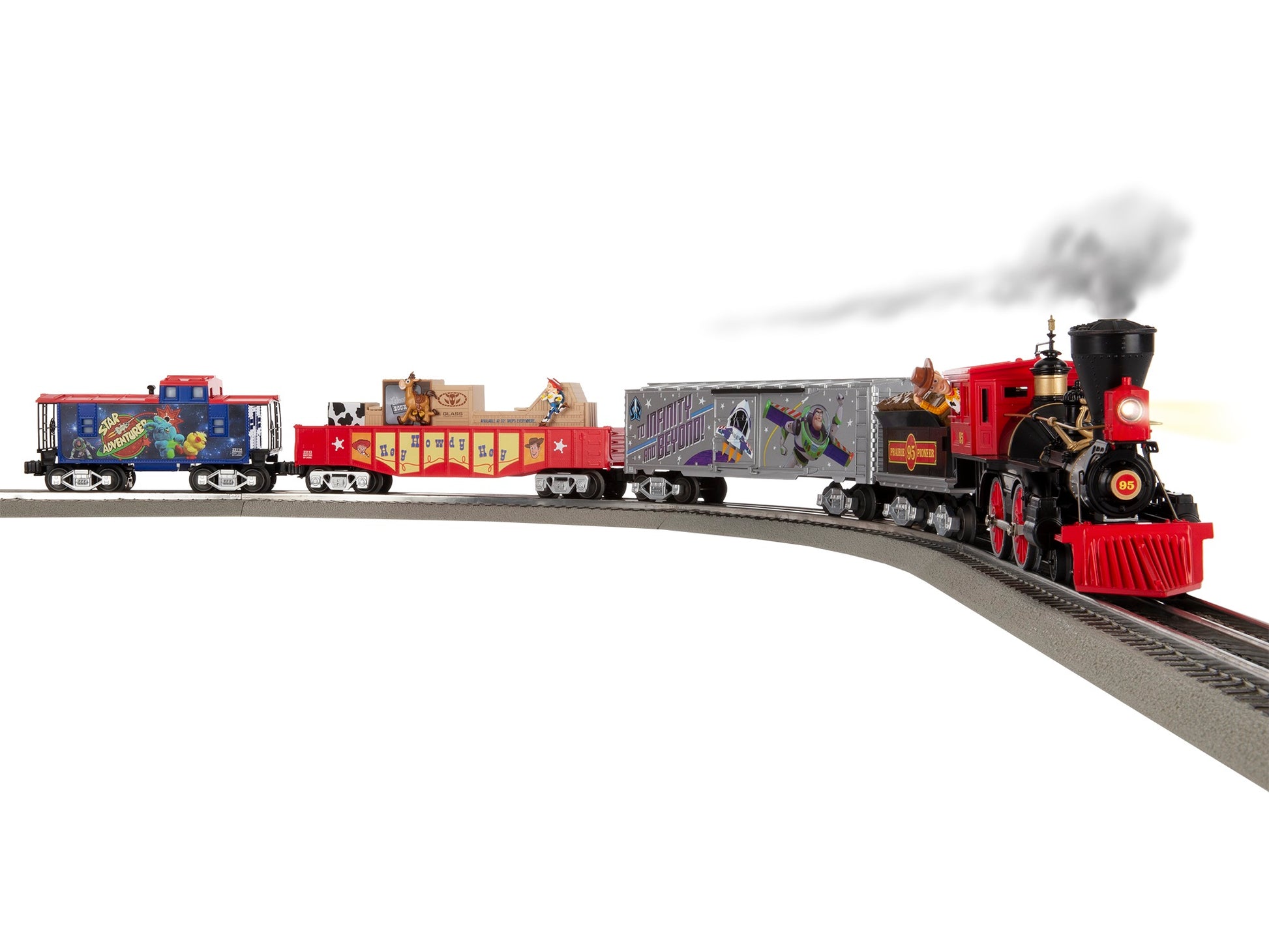 Model train set O Scale Toy Story LionChief. On the rail tracks.