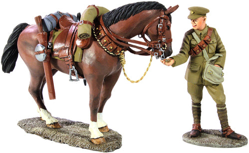 Collectible toy soldier miniature British Lancer Feeding Horse.
