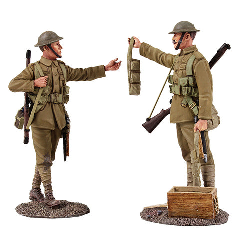 Collectible toy soldier miniature Going Up the Line. Soldier passing supplies to another soldier.