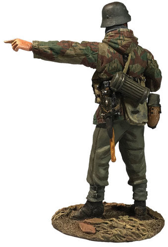 Rear view of Toy soldier German Grenadier in Parka with StG 44 Pointing.