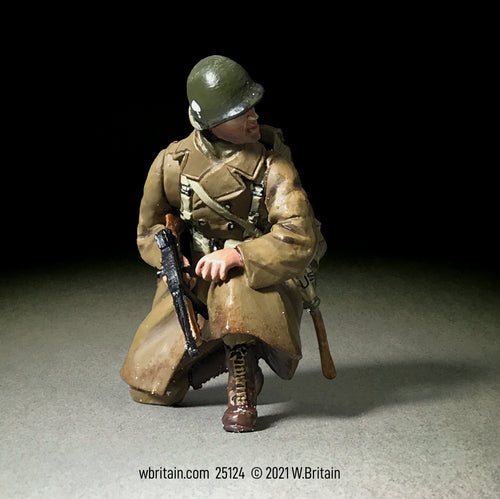 Collectible toy soldier miniature U.S. 101st Airborne in Greatcoat Kneeling with Thompson.