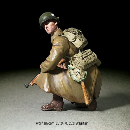 Collectible toy soldier miniature U.S. 101st Airborne in Greatcoat Kneeling with Thompson.