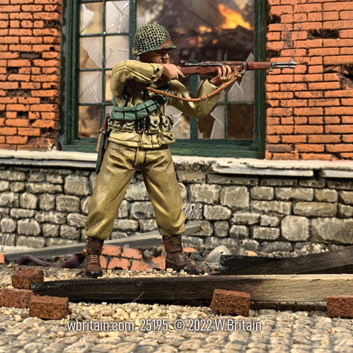 Toy soldier army man U.S. Infantryman Standing Firing M1 Garand 1943-45. Near a broken window.