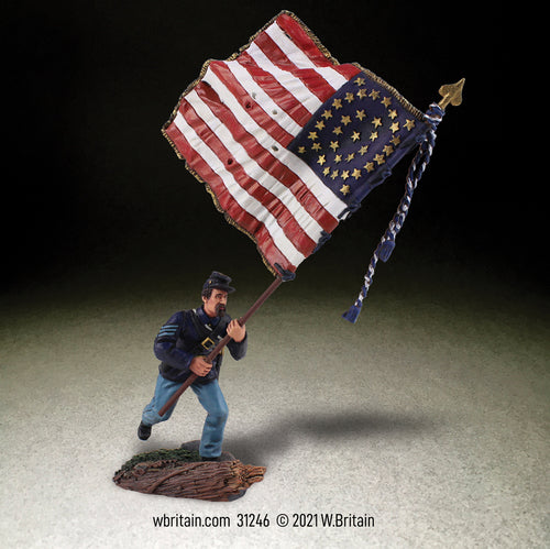 Collectible toy soldier miniature 20th Maine Flag Bearer. Soldier is running with U.S. Flag.