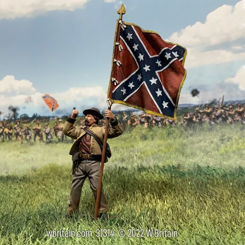 Toy soldier miniature army men Defiant Confederate Infantry Waving ANV Flag. On the battle field.