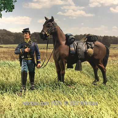 Collectible toy soldier miniature army men figurines Federal Cavalry Trooper Holding Horse. They are in a field.