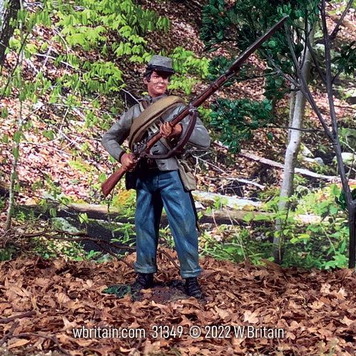 Collectible toy soldier miniature army men Confederate Wearing Shell Jacket Defending, No.2. He is in the woods.