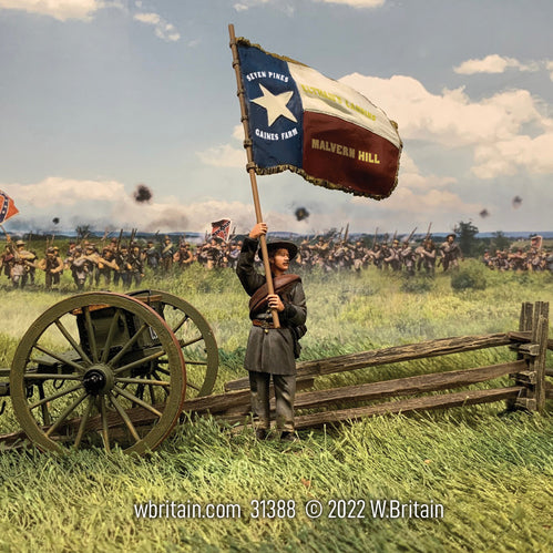 Toy soldier army men Confederate Flagbearer 1st Texas Wingfall Pattern. He is in a field.