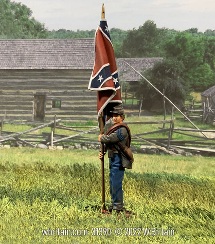 Collectible toy soldier miniature Confederate Army of North Virginia Flag at Rest.. The soldier is in a field.