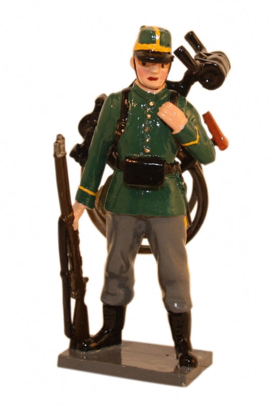 Toy soldier miniature army men Infantry Standing with Folded Bike on Back.
