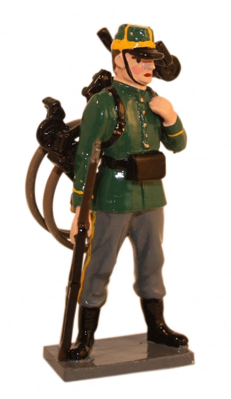Toy soldier miniature army men Infantry Standing with Folded Bike on Back.