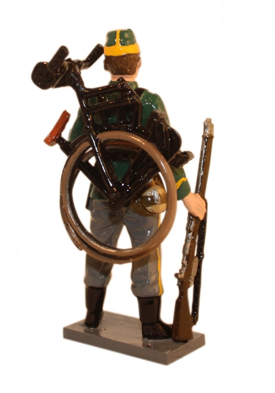 rear view of Toy soldier miniature army men Infantry Standing with Folded Bike on Back.