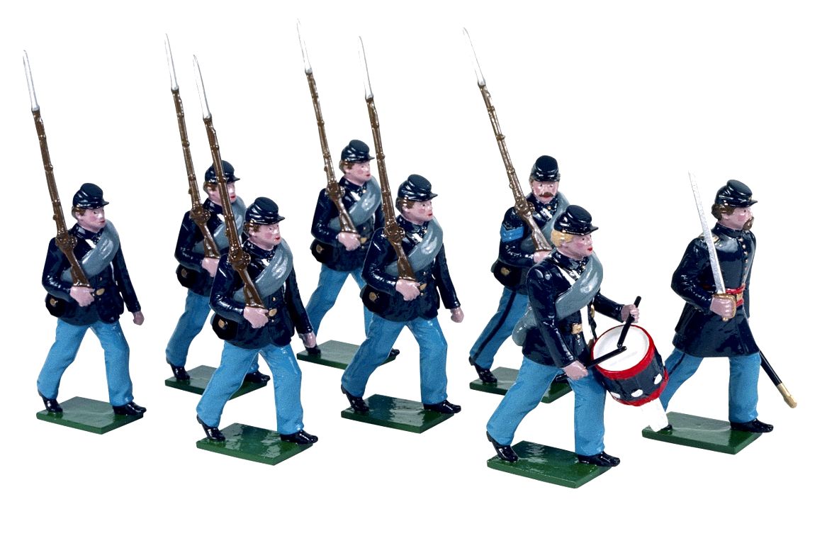 Eight toy soldiers marching. One soldier with drum.