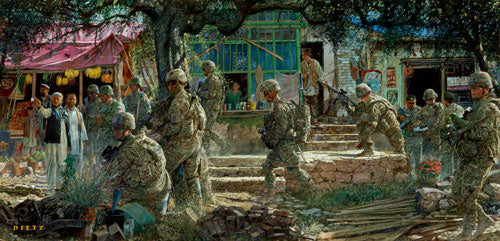 James Dietz wall art print First In...Last Out. Soldiers in a market.