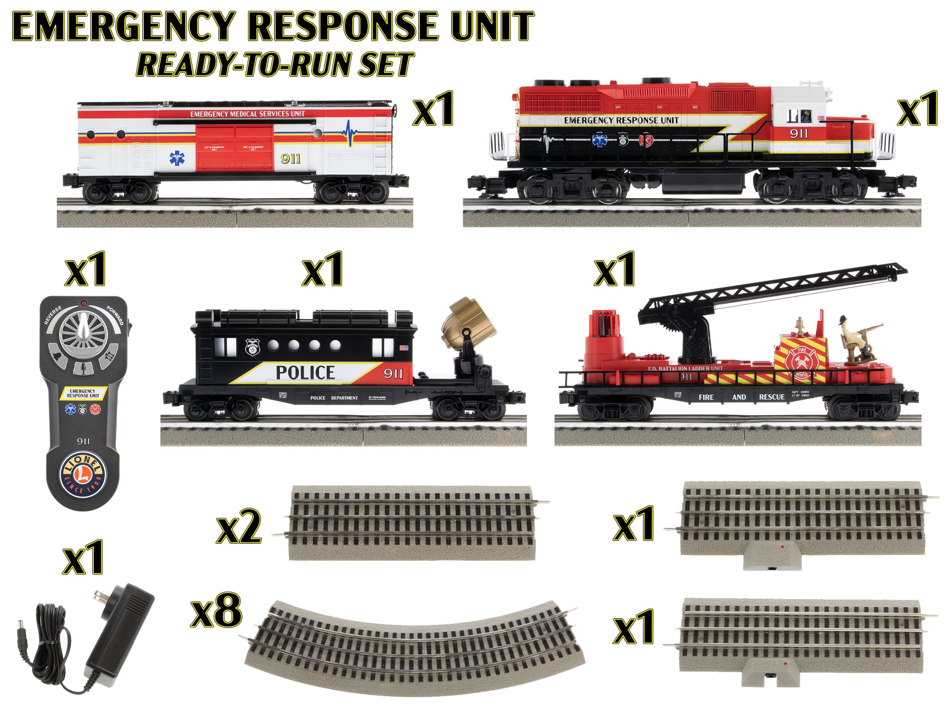 What is included in Model Train Set O Scale Emergency Response LionChief Bluetooth 5.0.