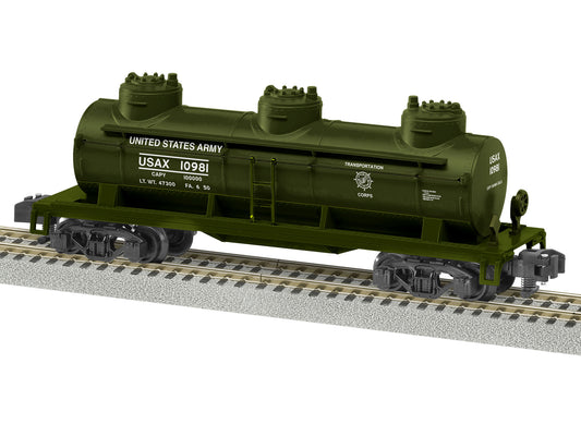 Model train set o gauge Lionel US Army 3-Dome Tankcar #10981.