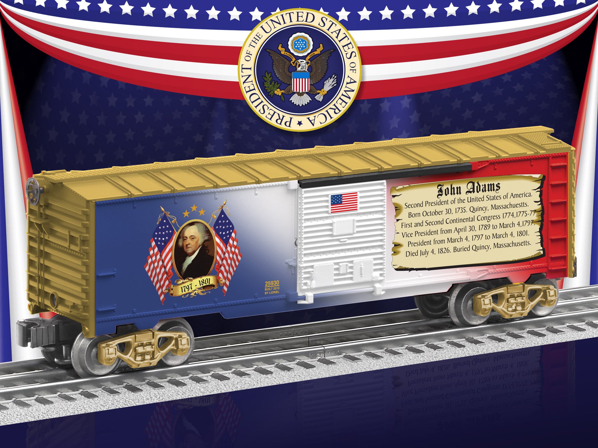 Lionel model train rail car O scale John Adams Presidential Boxcar.