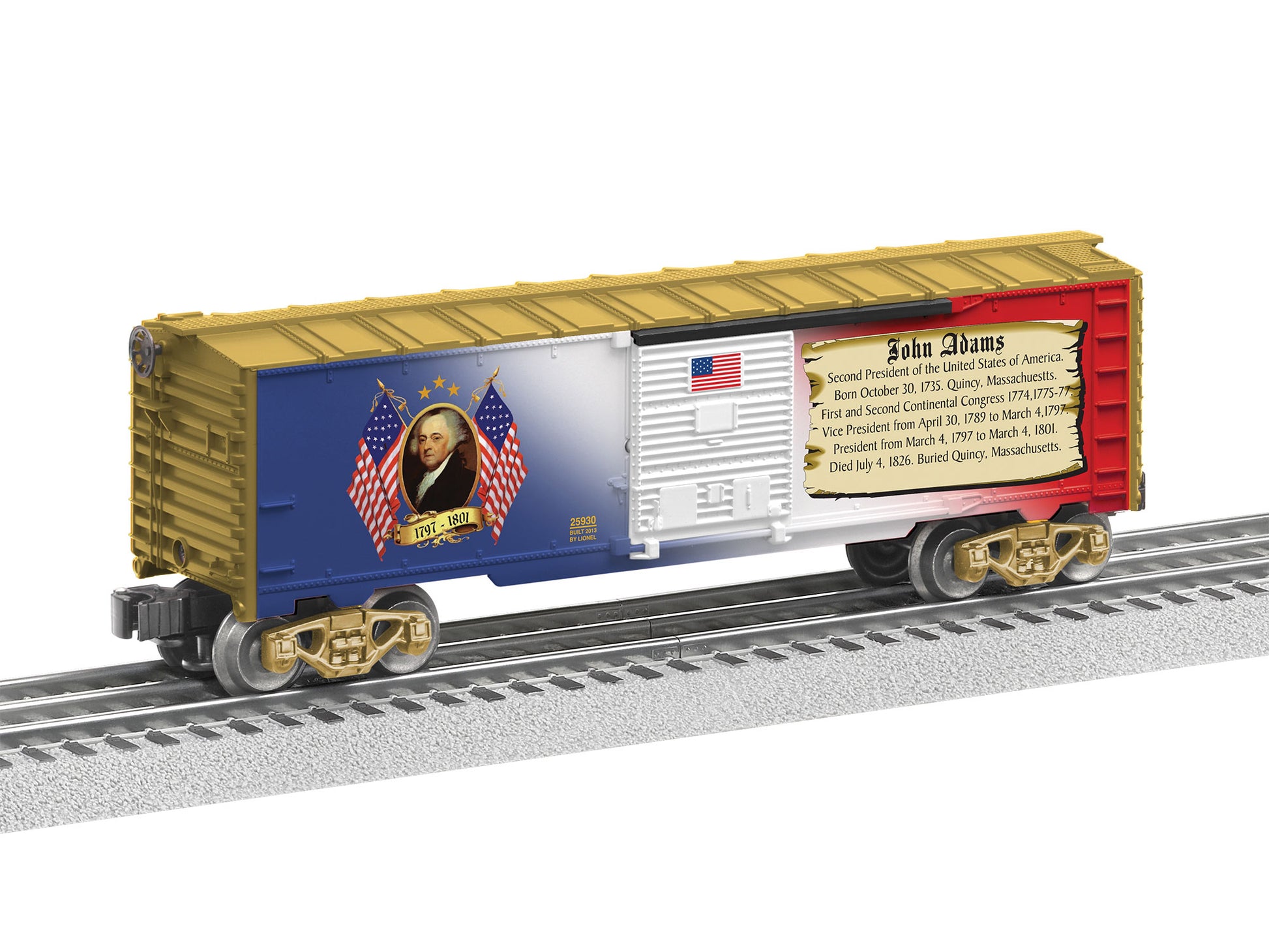 Lionel model train rail car O scale John Adams Presidential Boxcar. Up close.