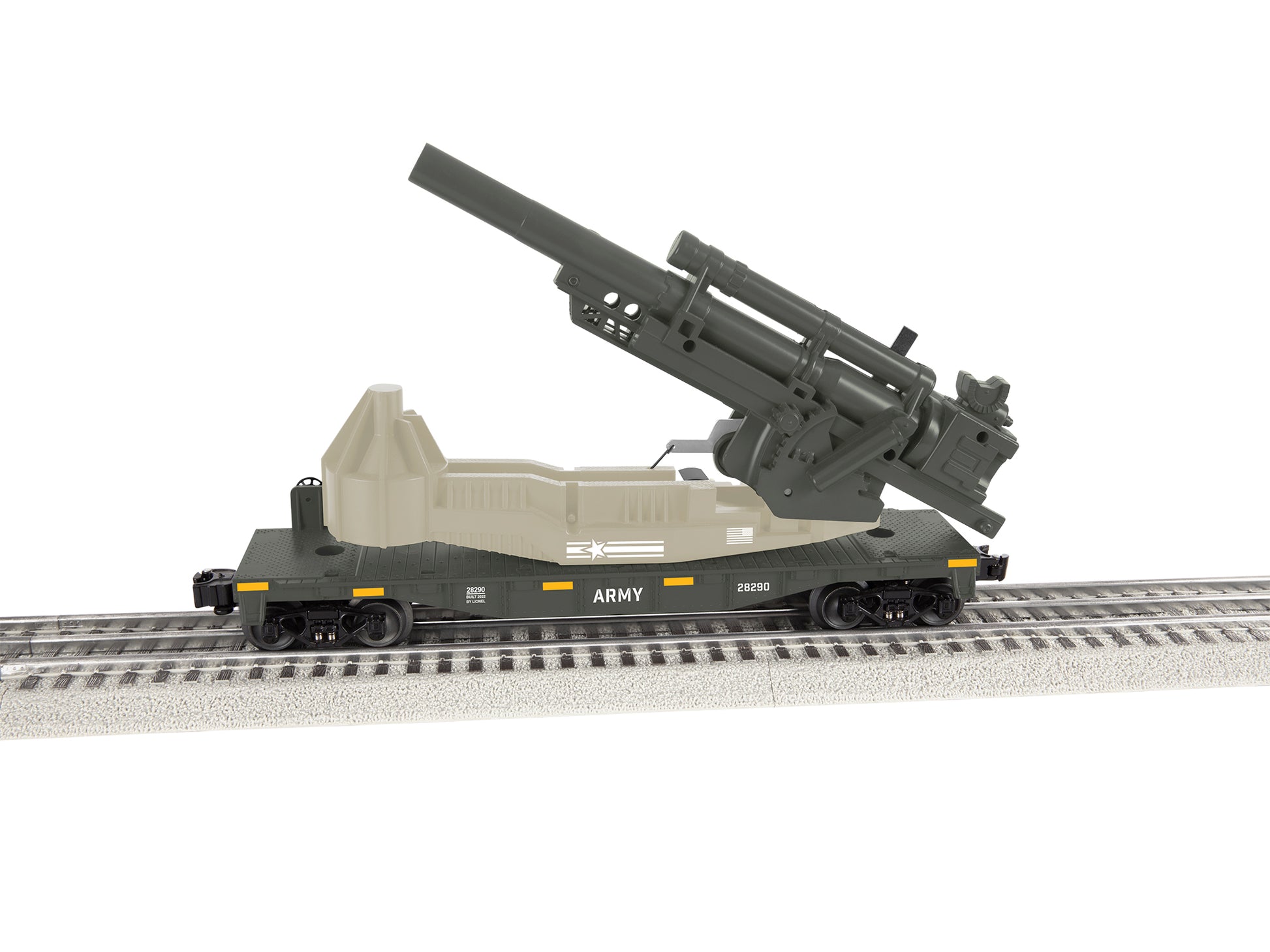 Model train set rail car O scale Army Big Cannon Car. Cannon up.